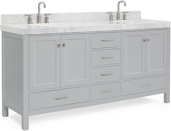 ARIEL Cambridge 72-inch Bathroom Vanity with Sink,Solid Wood, 2-inch Italian Carrara Marble Countertop & Backsplash, Double Oval Porcelain Sink, 4 Soft Closing Doors, 6 Dovetail Drawers, Grey