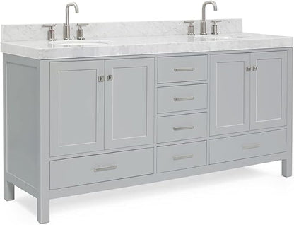 ARIEL Cambridge 72-inch Bathroom Vanity with Sink,Solid Wood, 2-inch Italian Carrara Marble Countertop & Backsplash, Double Oval Porcelain Sink, 4 Soft Closing Doors, 6 Dovetail Drawers, Grey