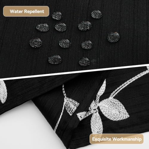 Embroidered Leaf Farmhouse Shower Curtain,Faux Linen,72Wx72L,Black