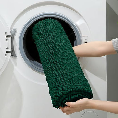 HOMEIDEAS Dark Green Chenille Bathroom Rugs Set of 3, Non Slip Bath Mat