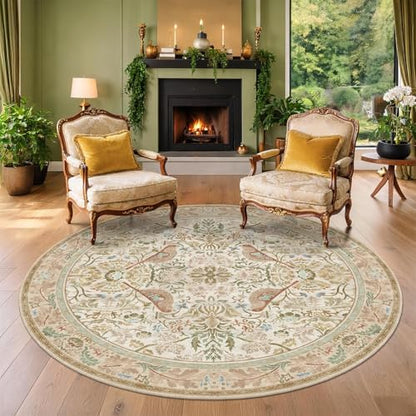 Vintage Beige 8ft Round Rug for Dining Room Under Kitchen Table - Large Floral Circle Area Rug for Bedroom, Living Room, Washable Low Pile Non Slip, Ultra Soft Beige Taupe Botanical & Bird Pattern