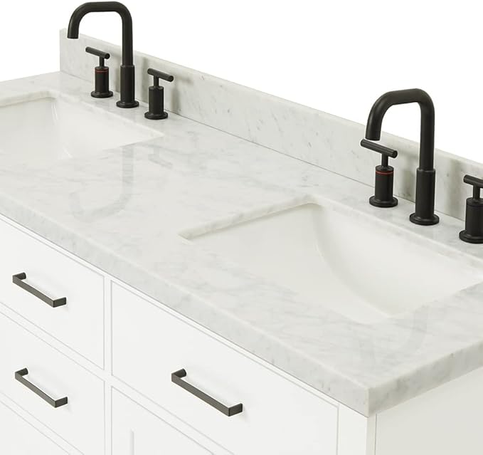 ARIEL Hepburn 60-inch Bathroom Vanity with Sink,Solid Wood, 1.5-inch Italian Carrara Marble Countertop, Double Rectangular Porcelain Sink, 4 Soft Closing Doors, 6 Dovetail Drawers, White