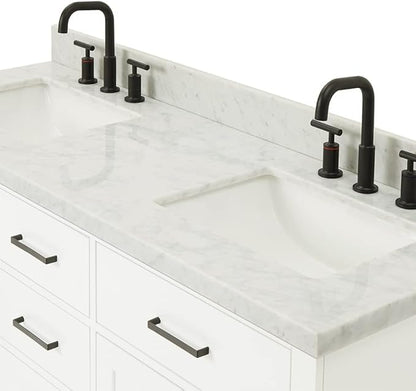 ARIEL Hepburn 60-inch Bathroom Vanity with Sink,Solid Wood, 1.5-inch Italian Carrara Marble Countertop, Double Rectangular Porcelain Sink, 4 Soft Closing Doors, 6 Dovetail Drawers, White