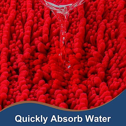 Luxury Chenille Red Bathroom Rugs Sets 2 Piece, Thickened Hot Melt Rubber Bottom Bath Mats for Bathroom Non Slip,Bath Rugs Quick Dry Machine Washable for Shower Mat (32"x20"+17"x24")