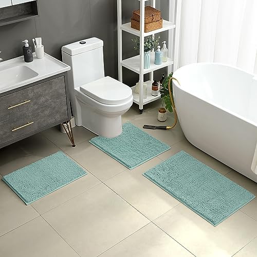 HOMEIDEAS Eggshell Blue Chenille Bathroom Rugs Set of 3, Non Slip Bath Mat