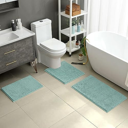 HOMEIDEAS Eggshell Blue Chenille Bathroom Rugs Set of 3, Non Slip Bath Mat