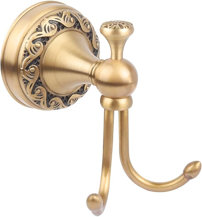 Antique Brass Towel Hook, Wall Mounted Bathroom Copper Double Hook for Clothing Robe Hanger, Screws Install Shower Wall Hook