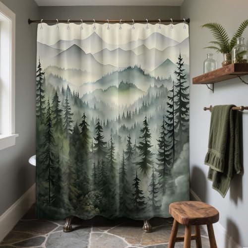 Sage Green Forest Shower Curtain, 72x72 in, Mountain Rustic Pine Tree