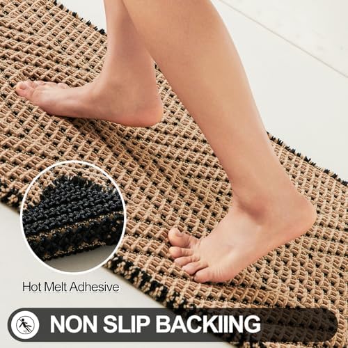Sunfly Waffle Bath Mat, Boho Bathroom Rugs Non Slip Washable Super Absorbent Quick Dry Bath Mat Farmhouse Bathroom Decor, 24"x48" Black &Khaki