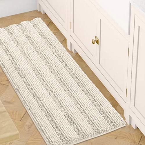 H.VERSAILTEX Bath Rugs for Bathroom Non Slip Bath Mats Extra Thick Chenille Striped Bath Rug Runners 47" x 17" Absorbent Fluffy Soft Shaggy Mats Dry Fast Plush Area Carpet for Bath Room - Ivory