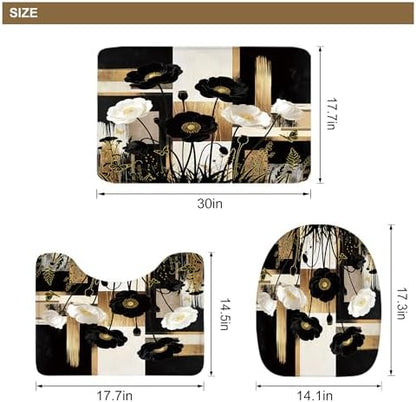 Abstract Floral Black Gold Peony 4Pcs Bathroom Shower Curtain Set with Rugs
