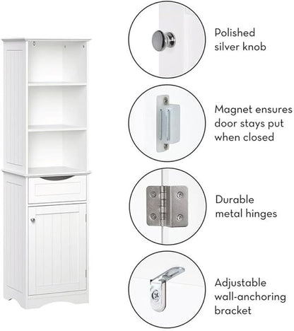 RiverRidge, White Ashland Bathroom Freestanding Storage Cabinet with Three Open Shelves and Drawer
