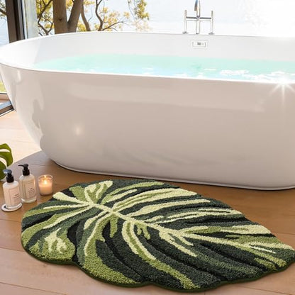 LUMI Cute Bathroom Rug Green Leaf, Absorbent Non Slip Bath Mat, 32"x48"