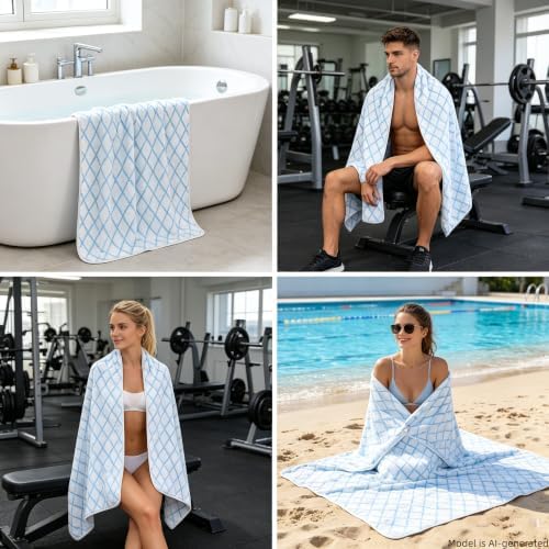 Microfiber Plaid Bath Towels Set of 2, 27 x 55 Inches Large Quick Dry Shower Towels, Super Absorbent Soft Lint Free Lightweight Body Wrap Towels for Bathroom, Beach, Travel, Gym, Spa