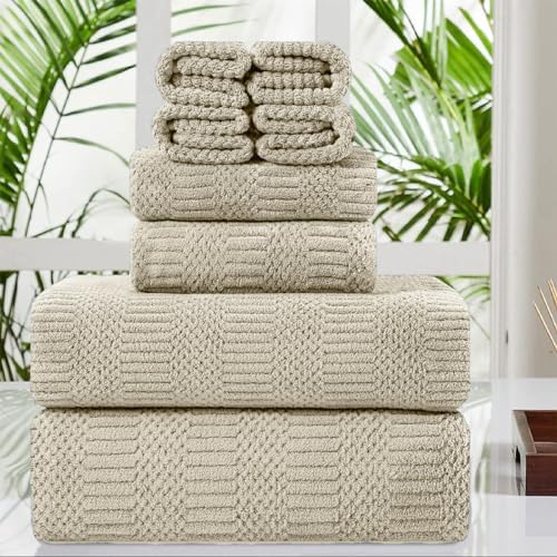 8 Pcs Camel Oversized Bath Towel Set-2 Extra Large Bath Sheets,2 Hand Towels,4 Washcloths Soft Bathroom Towels Highly Absorbent Quick Dry Beach Chair Towels Woven Towels for Hotel and Spa
