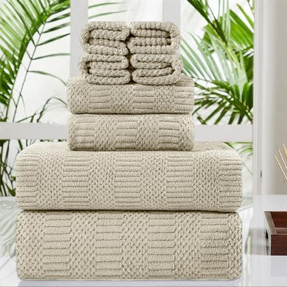 8 Pcs Camel Oversized Bath Towel Set-2 Extra Large Bath Sheets,2 Hand Towels,4 Washcloths Soft Bathroom Towels Highly Absorbent Quick Dry Beach Chair Towels Woven Towels for Hotel and Spa