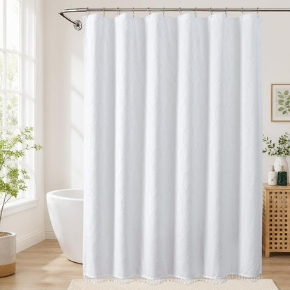 OVZME Extra Long White Shower Curtain 96 Inch Long, Puff Printed Textured Shower Curtain with Tassels, Tall Farmhouse Geometry Bathroom Curtain, Water Resistant Fabric, 72Wx96L Inches