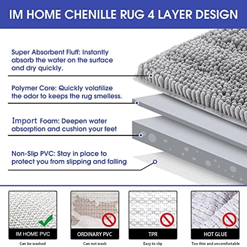 Striped Light Grey Toilet Bathroom Rug Mat 24" x 20" Contour Rug Ultra Soft, Non Slip Chenille Bath Rugs, Absorbent Plush Shaggy Bath Mats for Bathroom, Bedroom, Kitchen, Shower, Tub,Light Gray