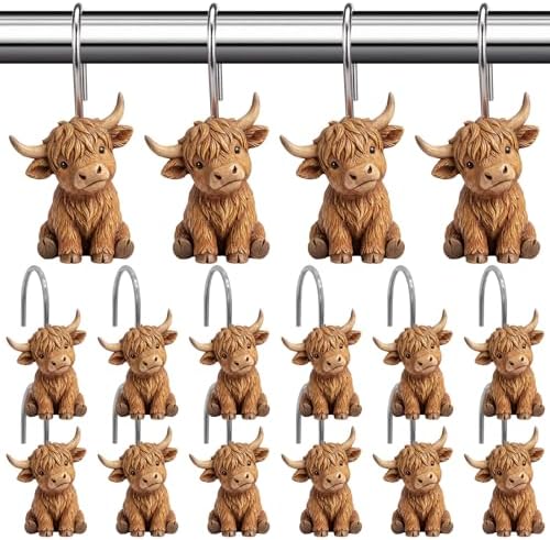 Xuhal 12 Pcs Highland Cow Shower Curtain Hooks Rustic Farmhouse Bathroom