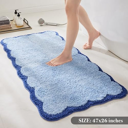 Ohocut Luxury Microfiber Scalloped Runner Rug, Navy Blue Scalloped Piping Long Bathroom Rug Nautical Coastal Bath Mat for Bathroom, Tub, Sink, Shower, Anti Slip, Extra Soft, Absorbent, 47x24