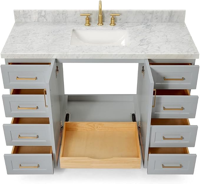 DKB Emilia 54" Grey Bathroom Vanity with Sink, 1.5" Edge Italian Carrara Marble Countertop, Rectangular Undermount Sink, 2 Soft-Closing Doors, 9 Dovetail Drawers, Brushed Nickel