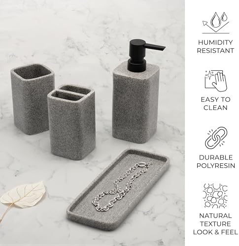 ZCCZ Bathroom Accessory Sets, 4 Pieces Bathroom Accessories Complete Set Vanity Countertop Accessory Set, Includes Lotion Dispenser Soap Pump, Tumbler, Toothbrush Holder and Tray (Grey)