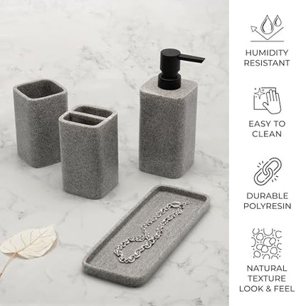 ZCCZ Bathroom Accessory Sets, 4 Pieces Bathroom Accessories Complete Set Vanity Countertop Accessory Set, Includes Lotion Dispenser Soap Pump, Tumbler, Toothbrush Holder and Tray (Grey)