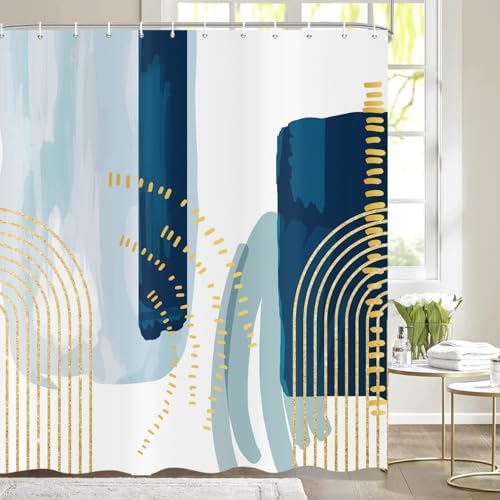 deFouliao Boho Shower Curtain, Mid Century Modern Blue Waterproof Shower Curtain for Bathroom Bathtub Home Curtain Decor with Hooks, 65Wx72L