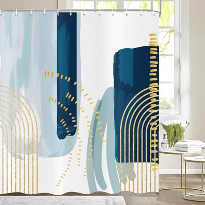 deFouliao Boho Shower Curtain, Mid Century Modern Blue Waterproof Shower Curtain for Bathroom Bathtub Home Curtain Decor with Hooks, 65Wx72L