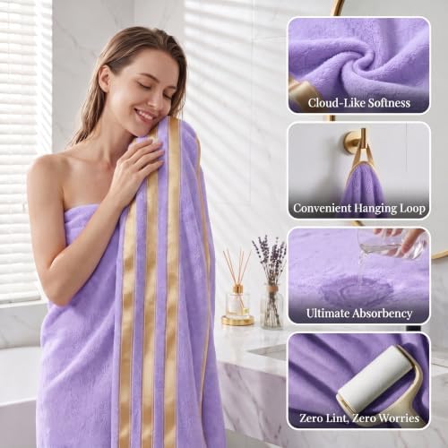 6-PCS Coral Fleece Microfiber Towel Set with Gold Stripes, Super Absorbent, Multiple Colors Available for Home, Bathroom, Hotel & Gym (6, Purple)