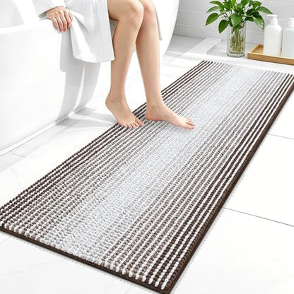 OLANLY Bathroom Runner Rugs 47x20, Soft Chenille Striped Bath Rugs, Brown