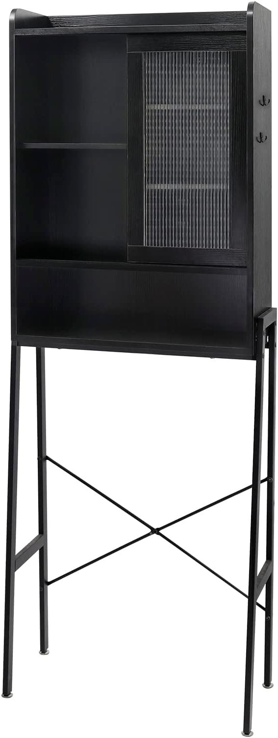 SUNTAGE Over Toilet Storage Cabinet for Bathroom, Over Toilet Shelf Organizer, Freestanding Space Saver with Adjustable Shelves, Wide Open Shelf, Acrylic Sliding Door, Metal Frame, Black