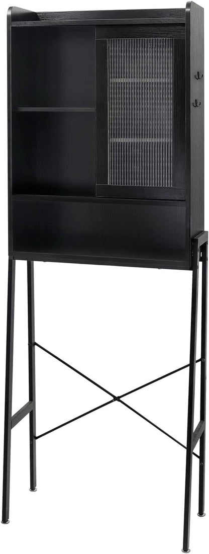 SUNTAGE Over Toilet Storage Cabinet for Bathroom, Over Toilet Shelf Organizer, Freestanding Space Saver with Adjustable Shelves, Wide Open Shelf, Acrylic Sliding Door, Metal Frame, Black