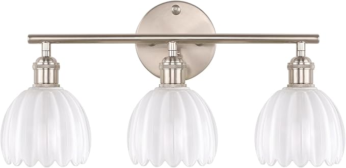 Bathroom Light Fixtures, 3-Light Vanity wall Light Over Mirror with White Tulip Glass Shade for Bedroom Living Room (Bulb Not Included), Satin Nickel