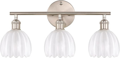 Bathroom Light Fixtures, 3-Light Vanity wall Light Over Mirror with White Tulip Glass Shade for Bedroom Living Room (Bulb Not Included), Satin Nickel