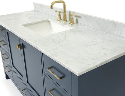 ARIEL Cambridge 60-inch Bathroom Vanity with Sink,Solid Wood, 0.75-inch Italian Carrara Marble Countertop, Single Rectangular Porcelain Sink, 2 Soft Closing Doors, 9 Dovetail Drawers, Midnight Blue