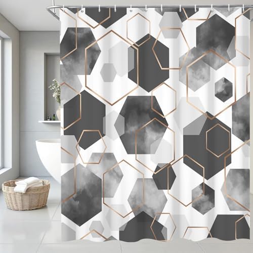 deFouliao Grey Modern Shower Curtain Geometric Grid Art Abstract Waterproof Bathroom Curtain for Bathtub Home Hotel Decor, Washable with Hooks, 48x72 Inch