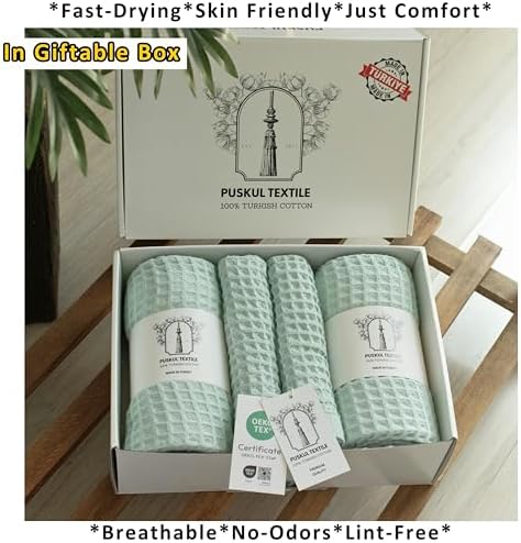 PÜSKÜL Natural 100% Turkish Cotton Waffle Towels Set of 4-Piece, Ice Green