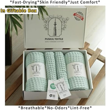 PÜSKÜL Natural 100% Turkish Cotton Waffle Towels Set of 4-Piece, Ice Green