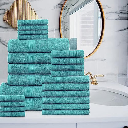 HILLFAIR 100% Cotton 24 Piece Bath Towels Set for Bathroom- Sea Green