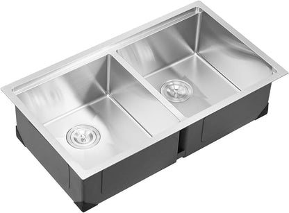 VEVOR 33 inch Kitchen Double Sink, 304 Stainless Steel Undermount Sink Drop-In Single Bowl Farmhouse Basin with Ledge & Multiple Accessories, Household Dishwasher Sinks for Prep Kitchen, Bar 33"*19"