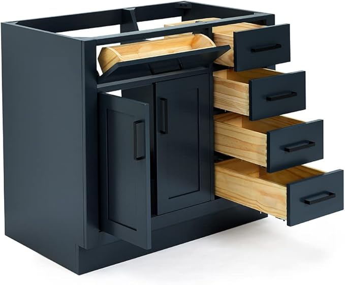ARIEL Hepburn 36-inch Bathroom Vanity Base Cabinet,Solid Wood, 2 Soft Closing Doors, 5 Dovetail Drawers, Midnight Blue