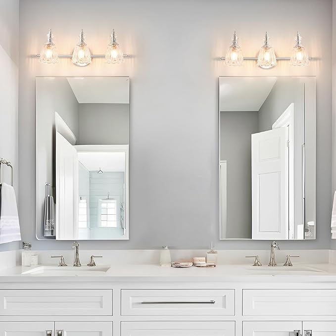 Brushed Nickel Vanity Light, Antique Bathroom Vanity Light Over Mirror, 3 Light Lighting Fixture with Flower Glass Shade, Farmhouse Sconces Wall Lighting for Hallway Living Room Bedroom