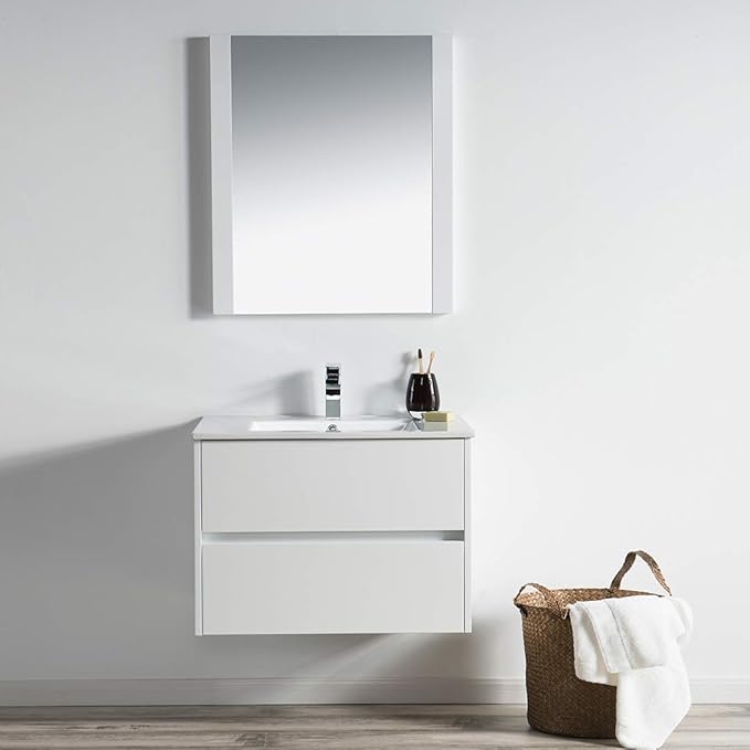 Blossom 30 Inch Single Bathroom Vanity with Ceramic Sink | All Wood Floating Vanity Cabinet | 2 Soft-Closing U-Shaped Cutout Drawers | Modern Vanities with Storage, Glossy White