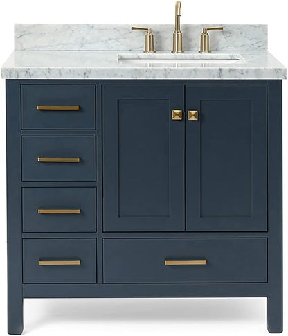 ARIEL Cambridge 36-inch Bathroom Vanity with Sink,Solid Wood, 1.5-inch Italian Carrara Marble Countertop, Single Rectangular Porcelain Sink, 2 Soft Closing Doors, 5 Dovetail Drawers, Midnight Blue
