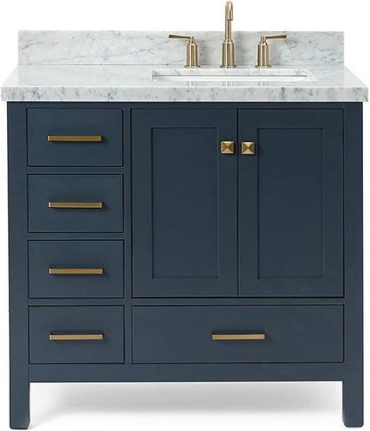 ARIEL Cambridge 36-inch Bathroom Vanity with Sink,Solid Wood, 1.5-inch Italian Carrara Marble Countertop, Single Rectangular Porcelain Sink, 2 Soft Closing Doors, 5 Dovetail Drawers, Midnight Blue