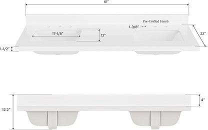 ARIEL 61 inch Bathroom Vanity top with Sink, 1.5 Inch Thick Miter Edge White Quartz top, Rectangle Single Porcelain Sink, Includes Backsplash