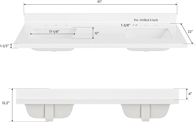 ARIEL 61 inch Double Bathroom Vanity top with Sink, 1.5 Inch Thick Miter Edge White Quartz top, Rectangle Double Sink Vanity top, Includes Backsplash