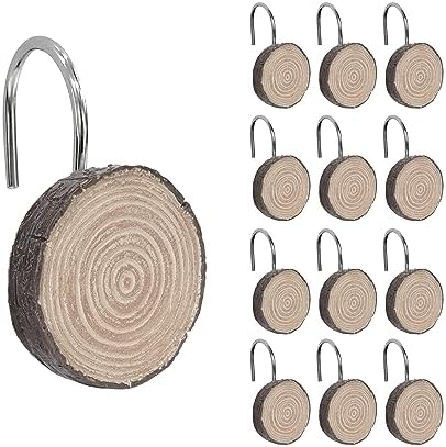 Sunlit Farmhouse Wooden Slices Shower Curtain Hooks, Rustic Home Decorative Shower Curtain Rings for Bathroom, Resin Shower Curtain Hangers Bathroom Accessories, Set of 12