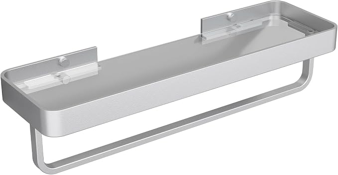 16 Inch Long Floating Bathroom Shelf with Towel Bar, Clear Tempered Glass Wall Shelf with Hand Towel Holder for Bathroom Storage Organizer, Matte Silver